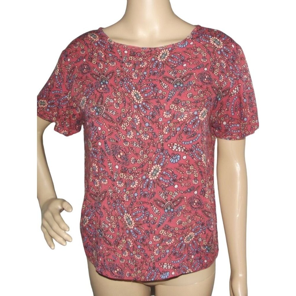 Cloud Chaser Floral Blouse XS/S Henna Red Blue keyhole back short sleeve rayon